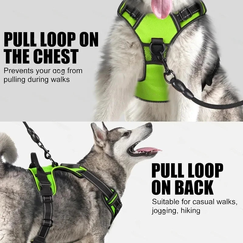 A dog wearing a neon green harness is shown with instructions for pulling loops on the chest and back.