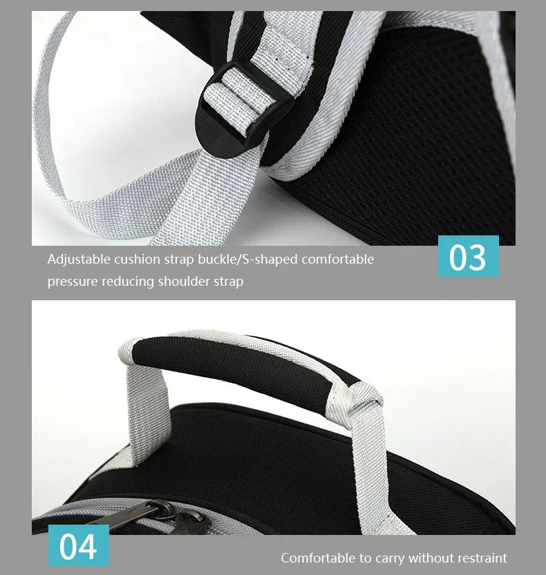 Close-up view of a black pet carrier backpack showing an adjustable cushion strap buckle and carrying handle.