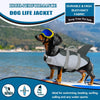 Un perro con un chaleco salvavidas de alto rendimiento está de pie en una tabla de surf cerca del agua.