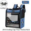 Blue ventilated bird travel backpack with perch and feeding cups and tray