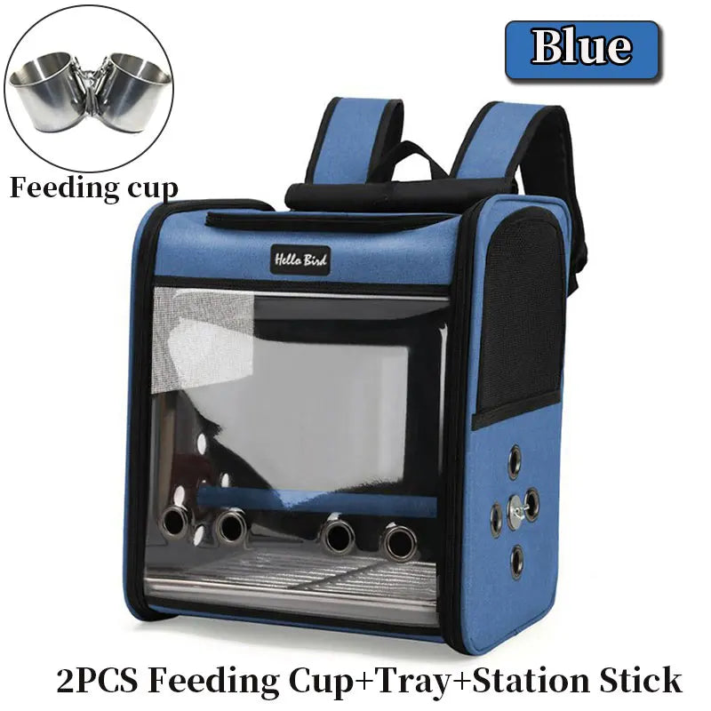 Blue ventilated bird travel backpack with perch and feeding cups and tray
