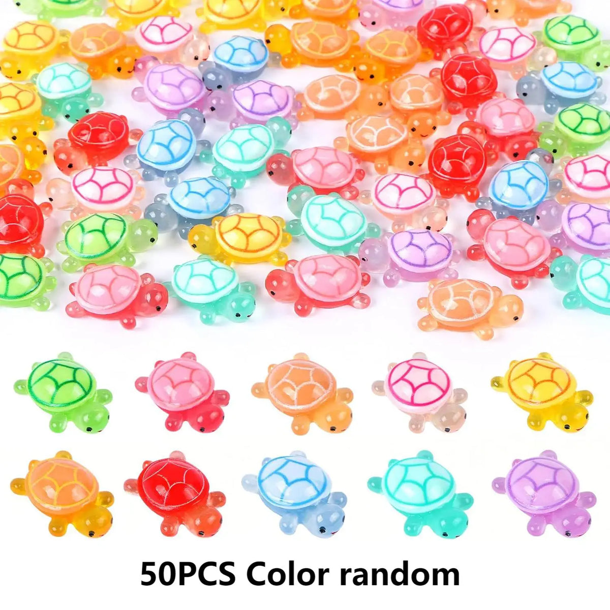 A collection of 50 colorful resin turtle ornaments in various shades and sizes for home decor