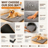 A collection of dog mats showing various features like waterproof surface, thick padding, non-slip bottom, durable materials,