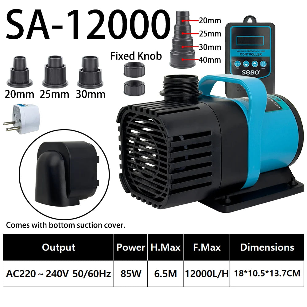 SA-12000 submersible water pump with various sized knobs and power specifications