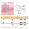 Pink butterfly pet harness set for dogs and cats with size chart and diagram