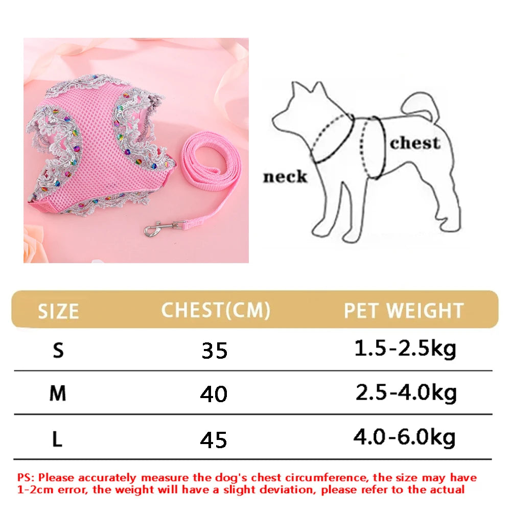 Pink butterfly pet harness set for dogs and cats with size chart and diagram