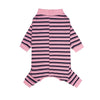 A pink and navy striped four-legged pet jumpsuit made of soft polyester fabric.