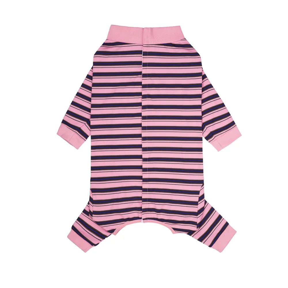 A pink and navy striped four-legged pet jumpsuit made of soft polyester fabric.