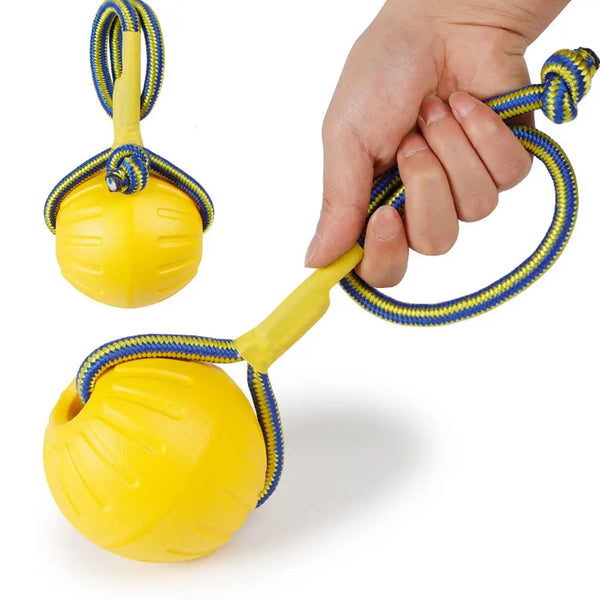 A hand is holding a yellow rubber fetch ball with blue braided rope attached.