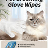 A gray cat is shown next to a white grooming glove wipe, demonstrating pet grooming products.