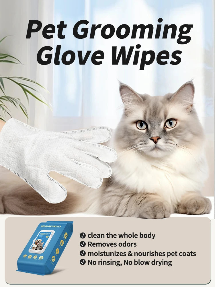 A gray cat is shown next to a white grooming glove wipe, demonstrating pet grooming products.