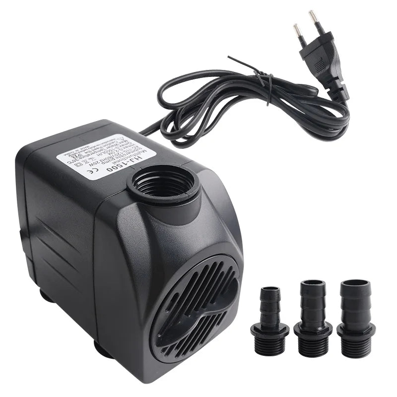 A black submersible water pump with a cord and three threaded connectors is shown.