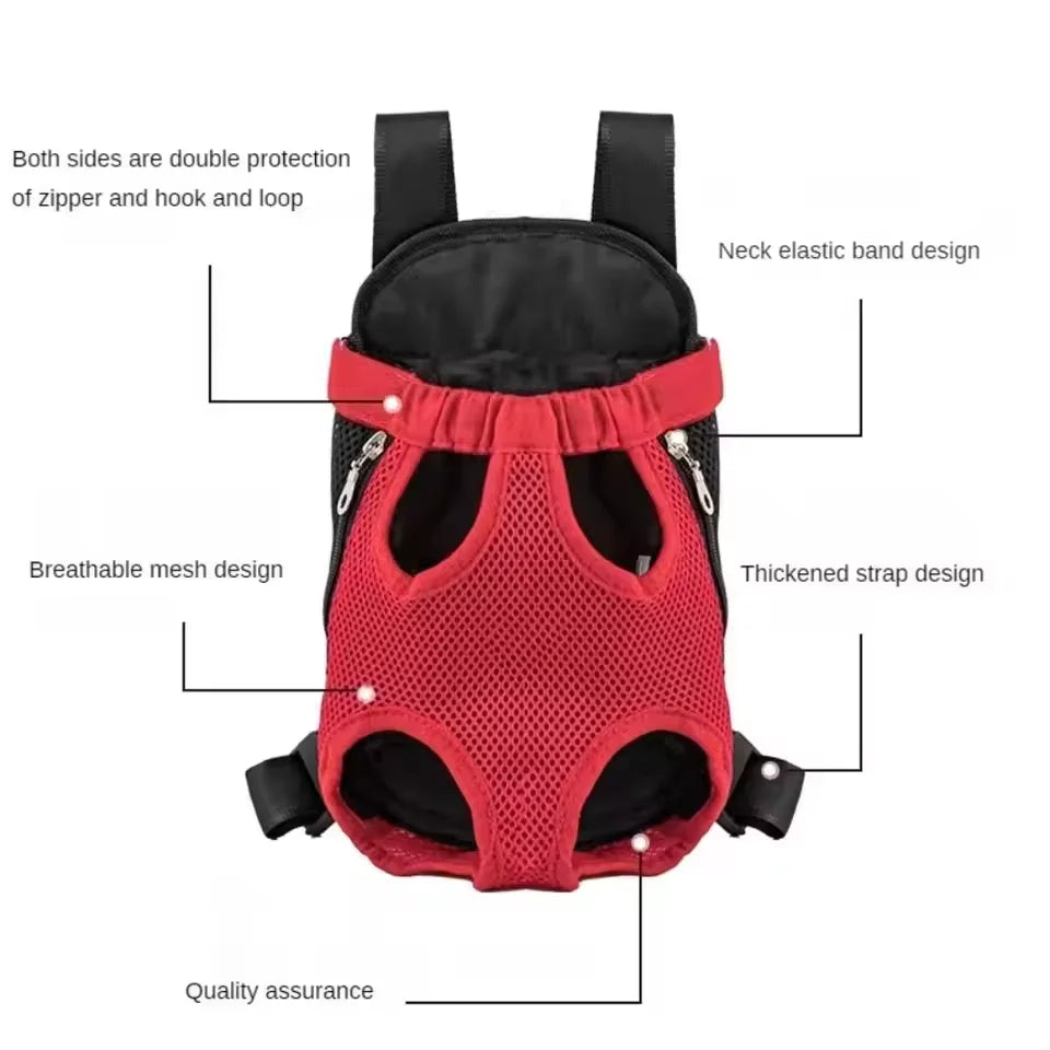 A red breathable mesh pet carrier backpack with double protection features.