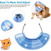 A light blue adjustable recovery collar for cats, shown being worn by a tabby cat.