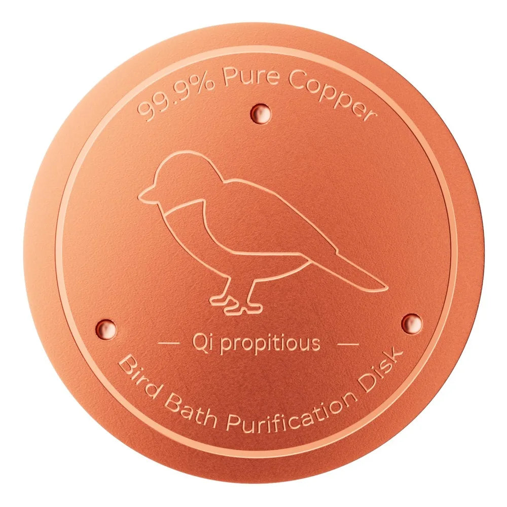 Disque de purification en cuivre rond pour bain d'oiseaux, avec la silhouette d'un oiseau et le texte Qi propitious.