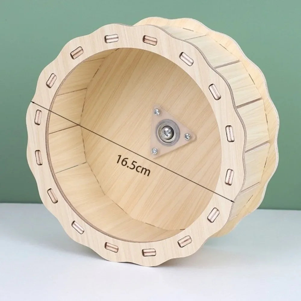 A natural wooden hamster house and activity platform with a circular opening and surrounding wooden slats.