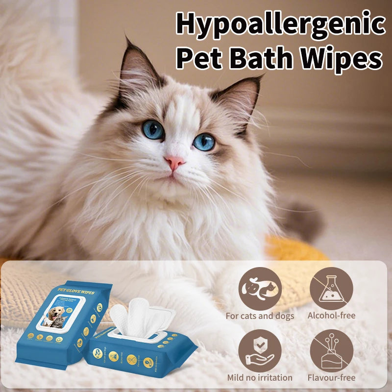 A fluffy white cat is pictured next to hypoallergenic pet bath wipes and dry cleaning gloves for pets.