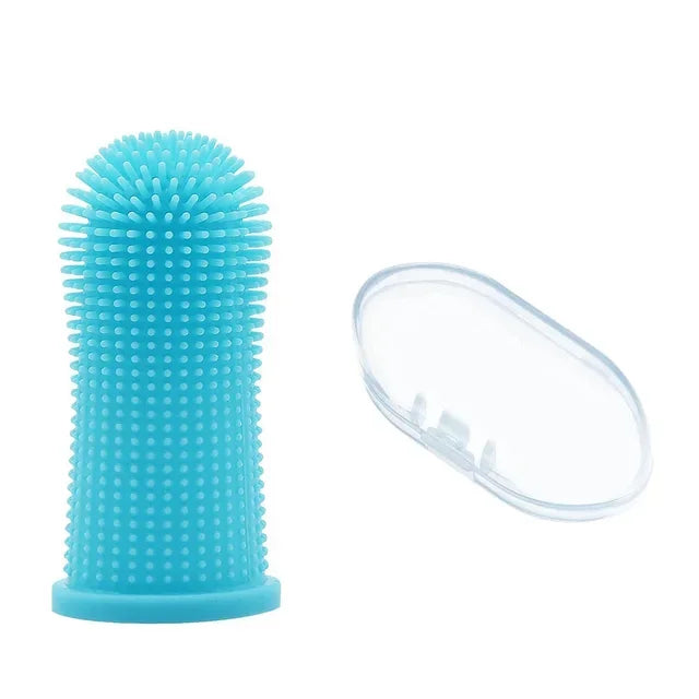 A bright blue silicone pet toothbrush, featuring a textured head and a clear plastic base.