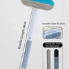 A long, light blue pet hair removal tool with a felt head and an erasable glass back, shown alongside its disassembled compon