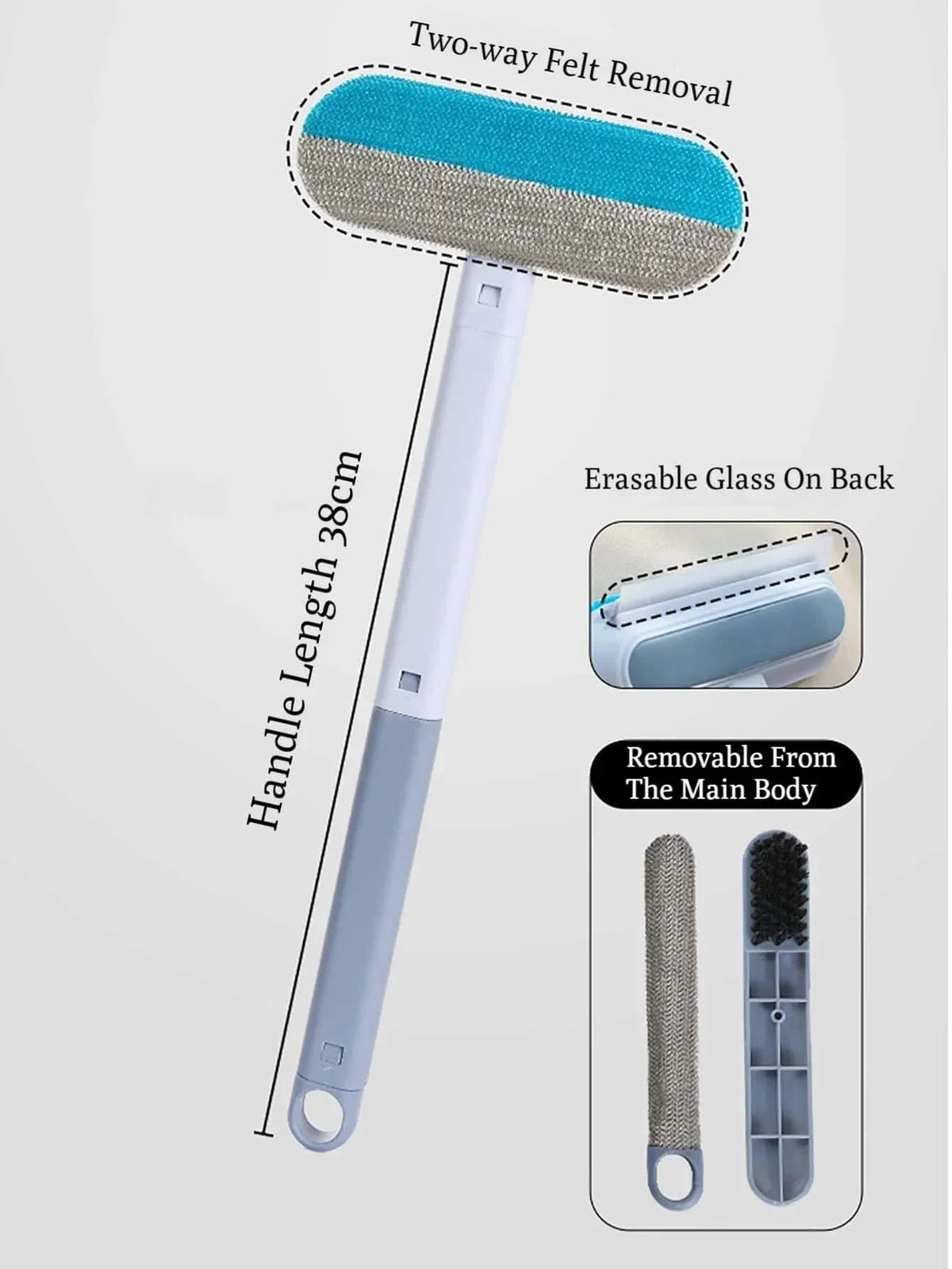 A long, light blue pet hair removal tool with a felt head and an erasable glass back, shown alongside its disassembled compon