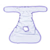 Reusable female dog diapers in light purple and white with an adjustable fit.