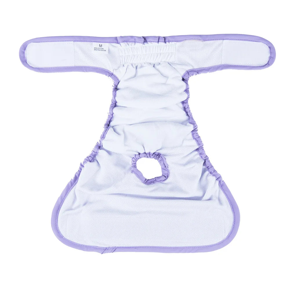 Reusable female dog diapers in light purple and white with an adjustable fit.