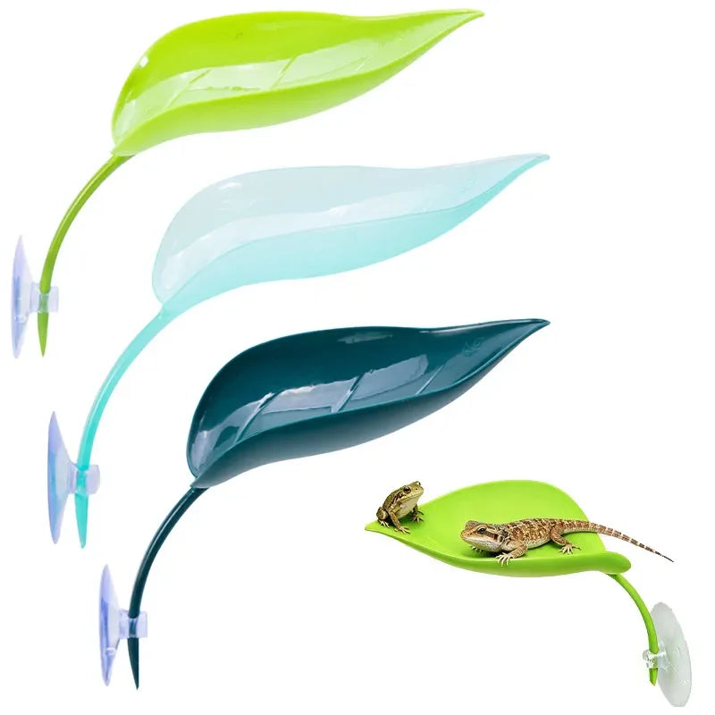 A set of three realistic reptile basking platforms in green and blue colors with suction cups.
