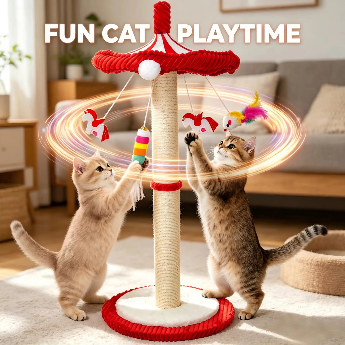 Ein tabby Kätzchen spielt mit einem roten und weißen Kratzbaum mit hängenden Spielzeugen.