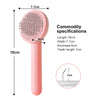 A pink pet hair removal brush with a mesh head and a long handle, showing its dimensions.