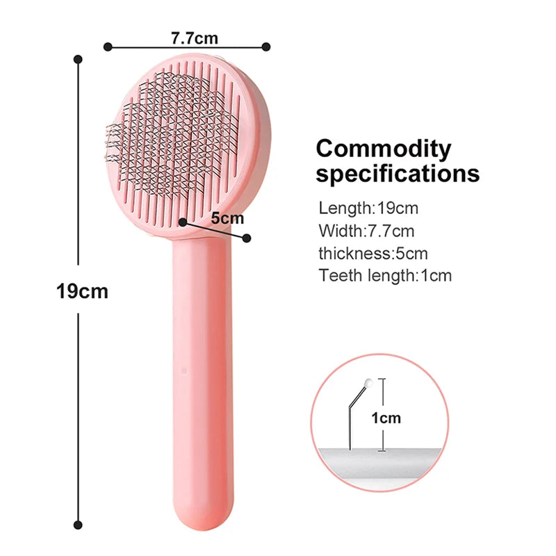 A pink pet hair removal brush with a mesh head and a long handle, showing its dimensions.