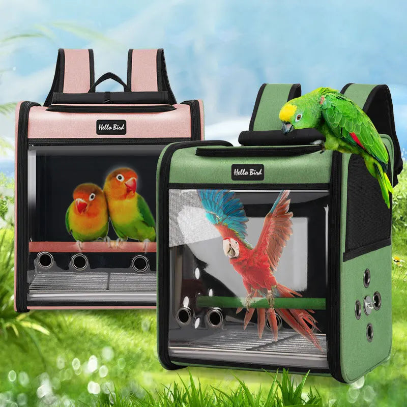 A green bird travel backpack with a clear window showing a red parrot and a yellow parrot.