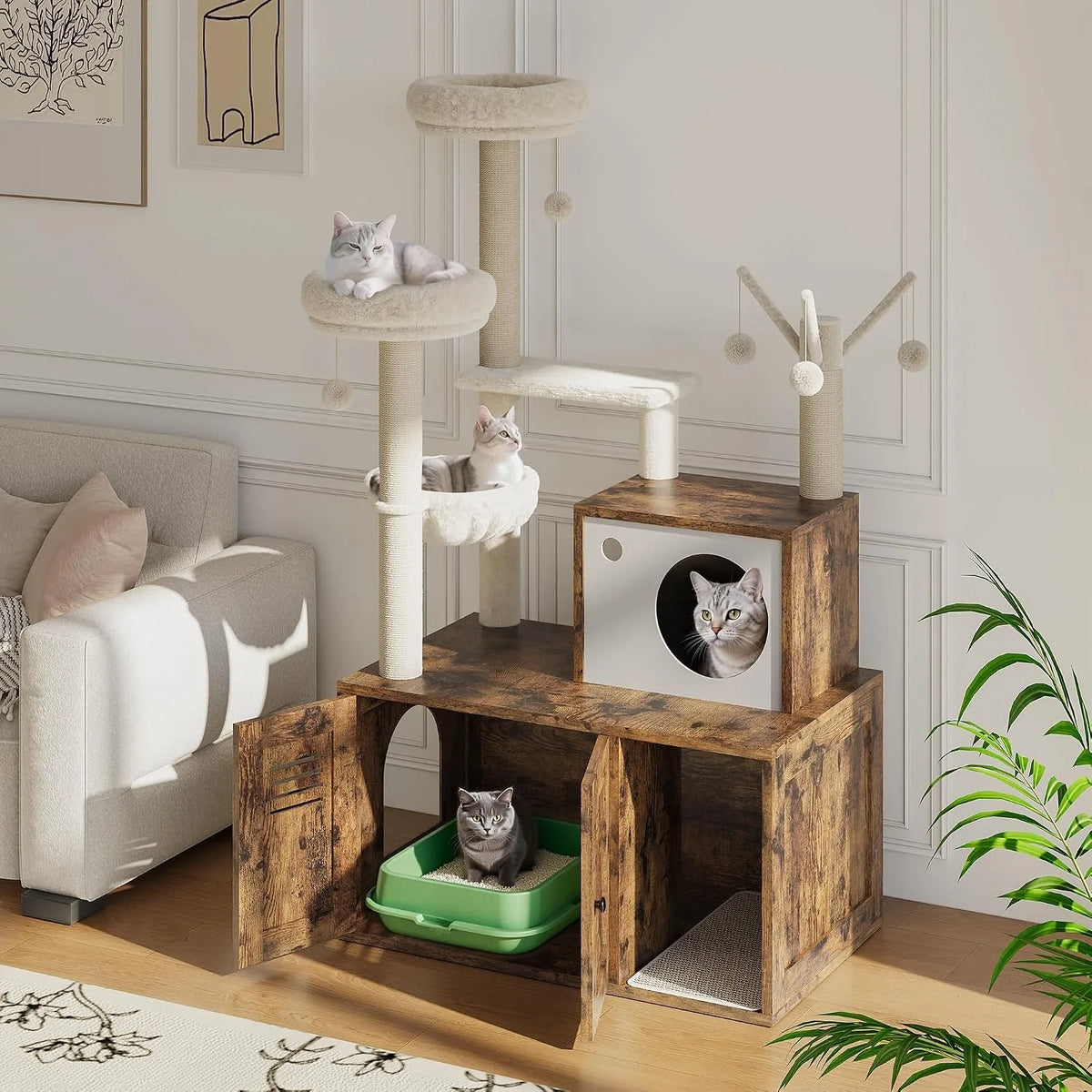 Tour à chat en bois avec litière intégrée et plusieurs perchoirs pour un chat.