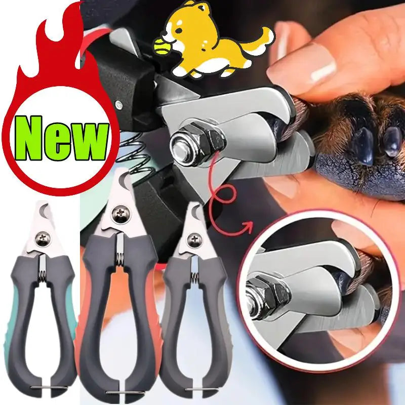 Stainless steel pet nail clipper with safety stop and built-in file shown in various angles