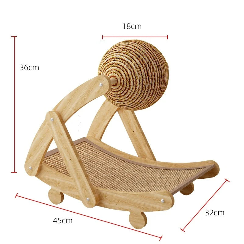 A wooden cat scratching toy with a round sisal pad and a slanted wooden base.