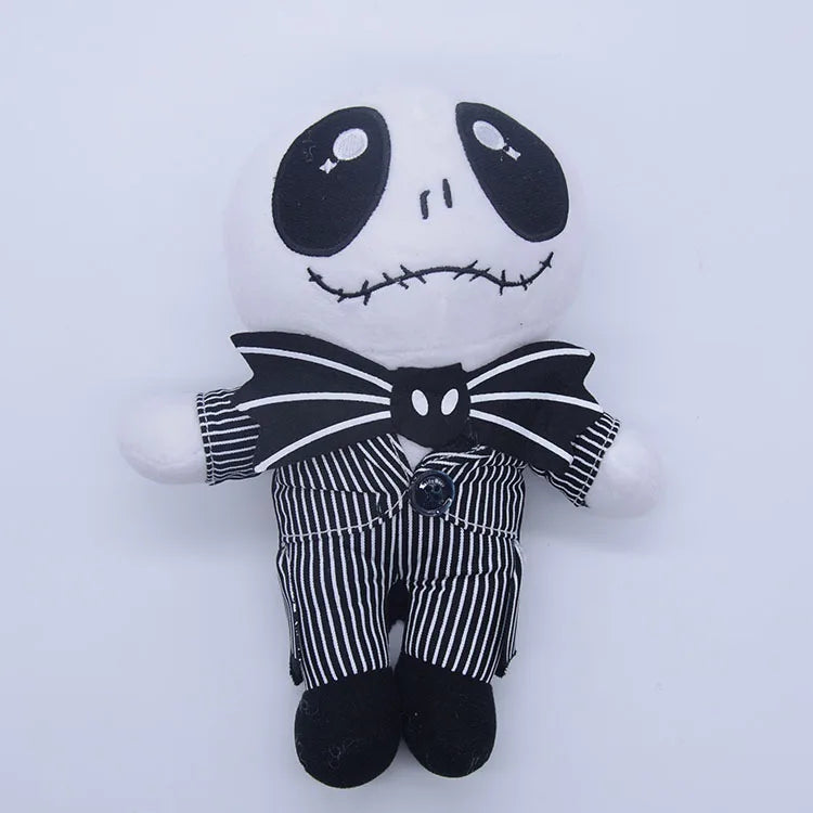 A plush toy of a cartoon skeleton dog with black features and striped clothing.