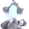 A gray plush elephant toy with a blue striped tube attached.
