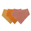 A pack of three soft cotton baby bibs in shades of mustard yellow, orange, and dusty rose.