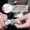 A hand holds a professional pet nail clipper trimmer designed for safe blood line cutting on a cat's paw.