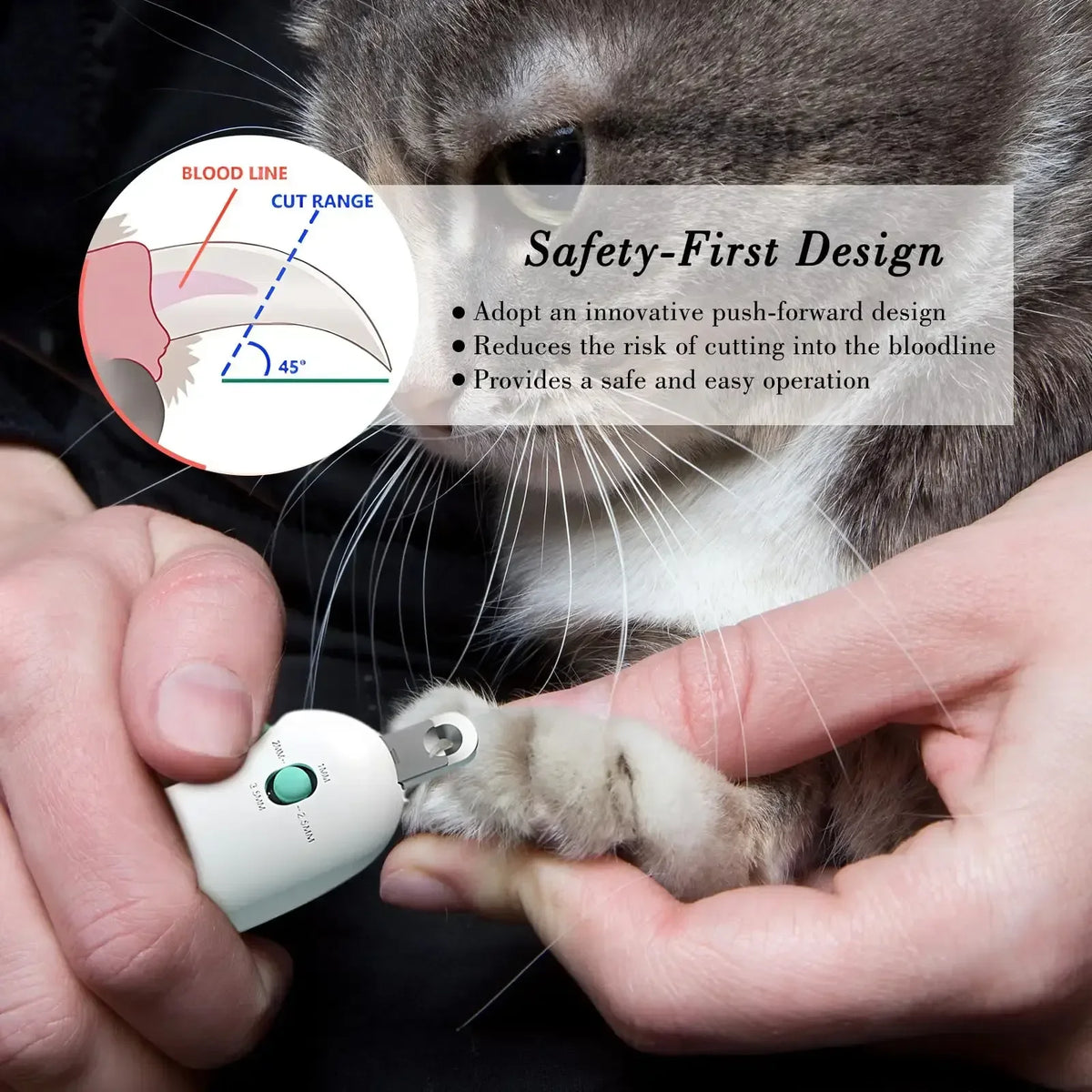 A hand holds a professional pet nail clipper trimmer designed for safe blood line cutting on a cat's paw.
