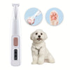 A white cordless pet grooming trimmer is shown with close-ups of its function and a fluffy white dog.