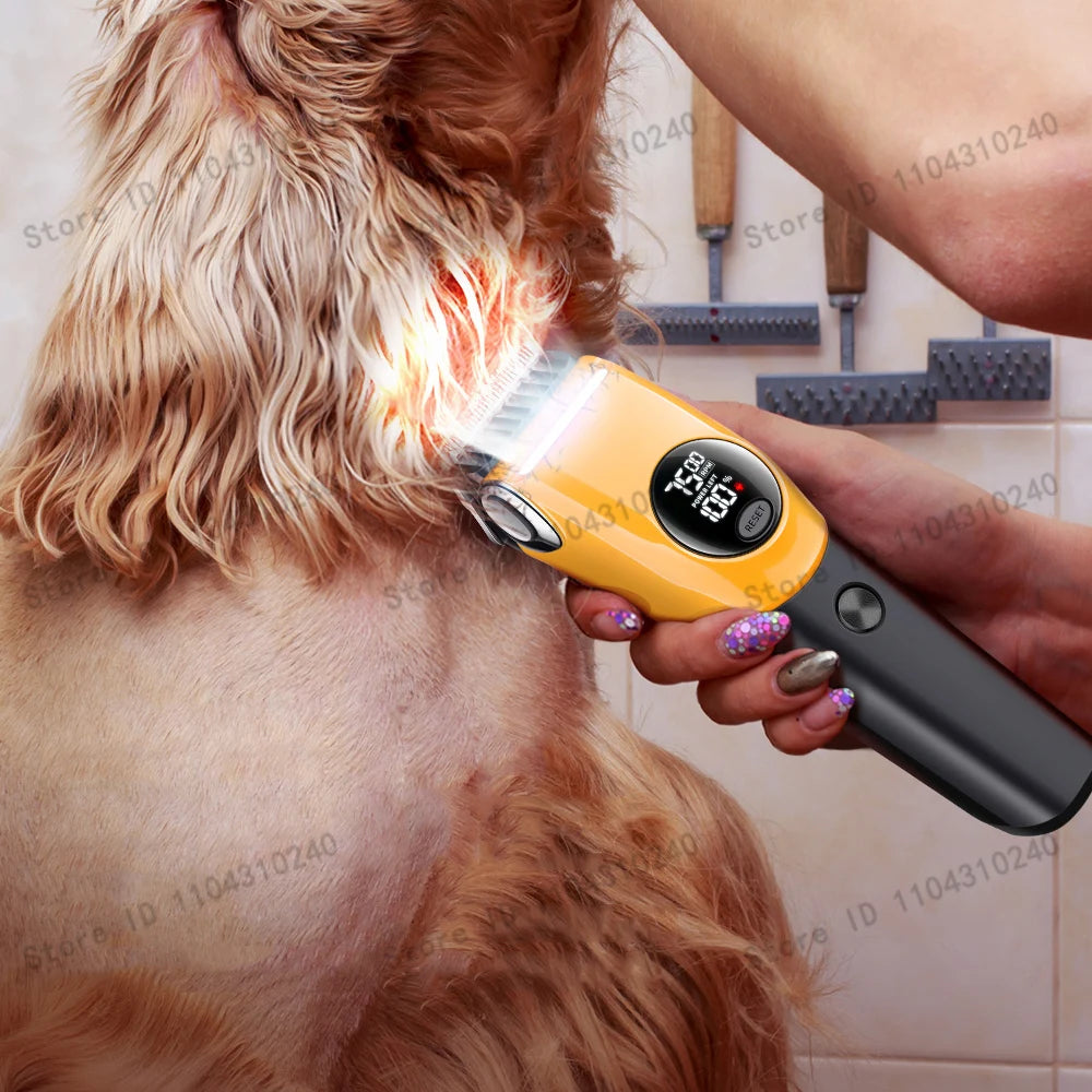 A person is using a yellow pet hair clipper to trim the fur on a dog's neck.