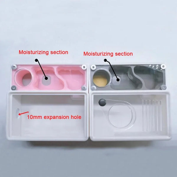 Two sections of a white plastic nest with pink and silver components, featuring moisturizing sections and an expansion hole.