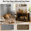 A comparison showing a dog in a messy room versus a dog in a wooden furniture style crate for a safer and cozier home.