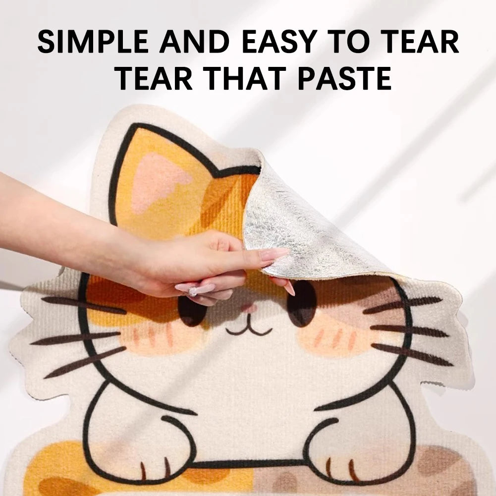 A hand is tearing a paste-like material from a cat-themed fabric, demonstrating how simple and easy it is to tear that paste.