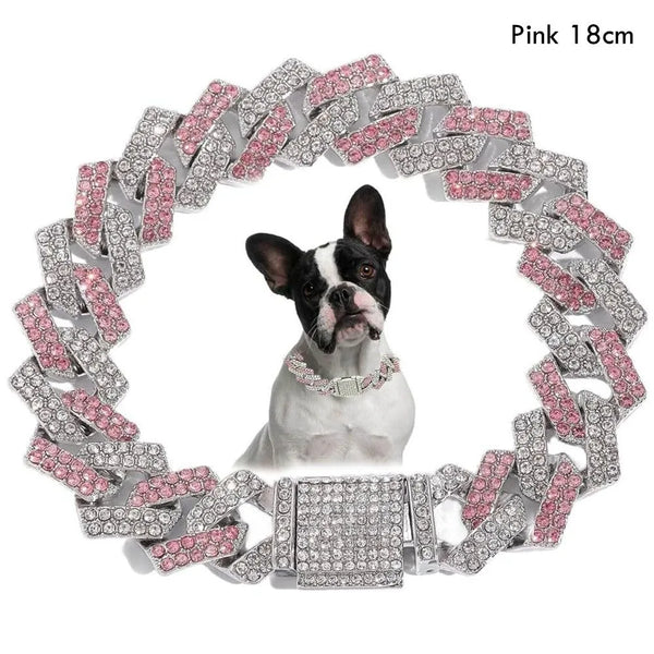 Pink 18cm diamond link pet collar for dogs with a black and white dog sitting in the center