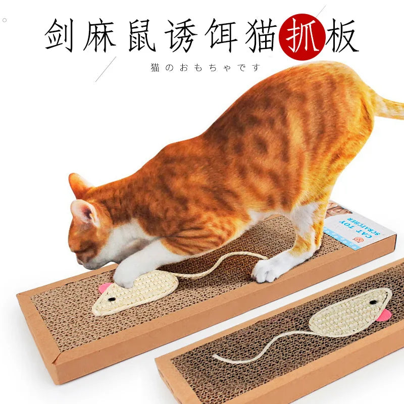 A cat scratching post with a sisal rope and a cat toy placed on a cardboard base.