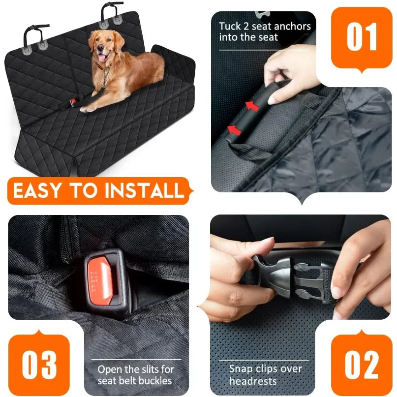 Installation guide showing how to install a waterproof dog car seat cover with safety straps onto a seat.