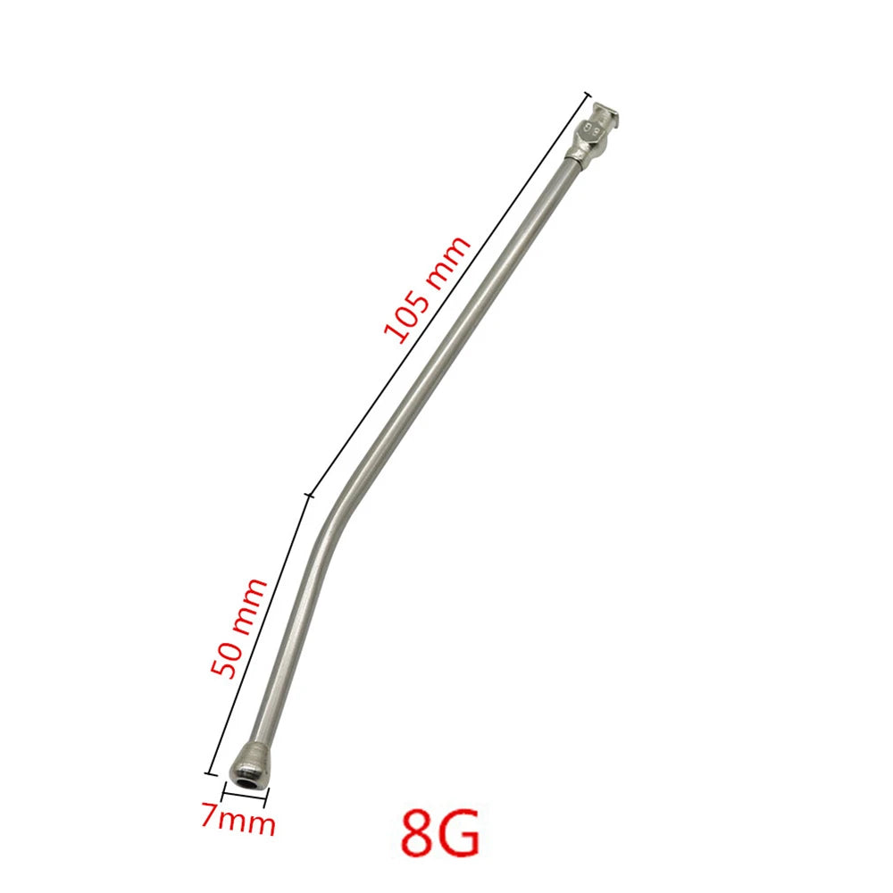 Stainless steel bird feeding syringe with a 105 mm length and 7 mm tip.