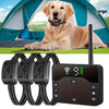 A large golden retriever is relaxing in front of a green tent, with a portable pet training collar and remote visible below.