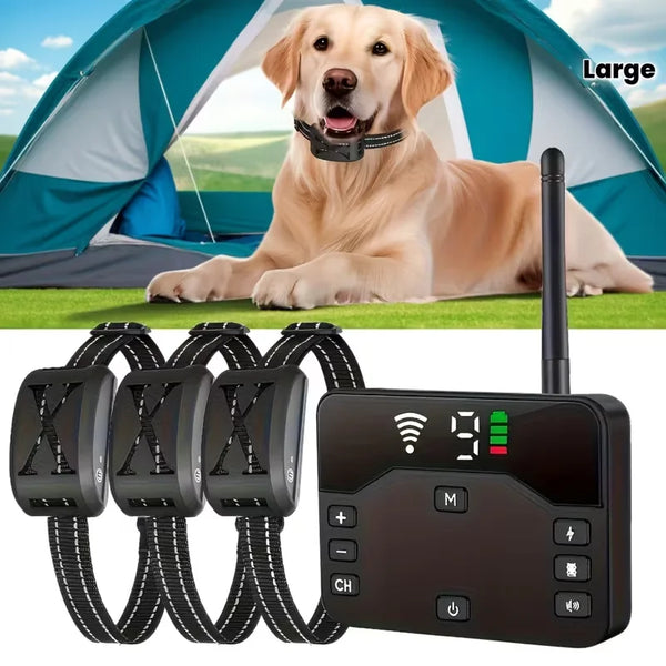 A large golden retriever is relaxing in front of a green tent, with a portable pet training collar and remote visible below.